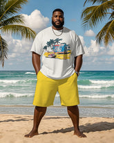 Big & Tall Men's Hawaiian Yellow Coconut Beach Graffiti Print Round Neck Short Sleeve T-Shirt Shorts Suit